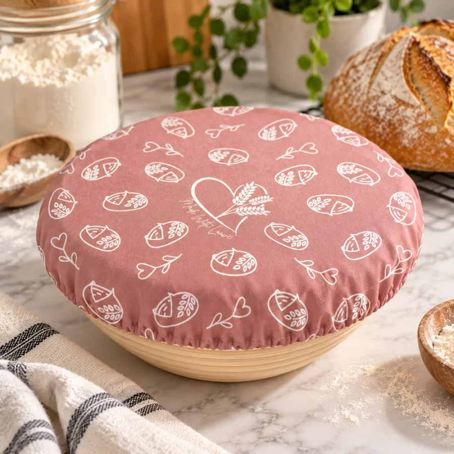 Pink patterned Made With Loave bowl cover over a proofing basket